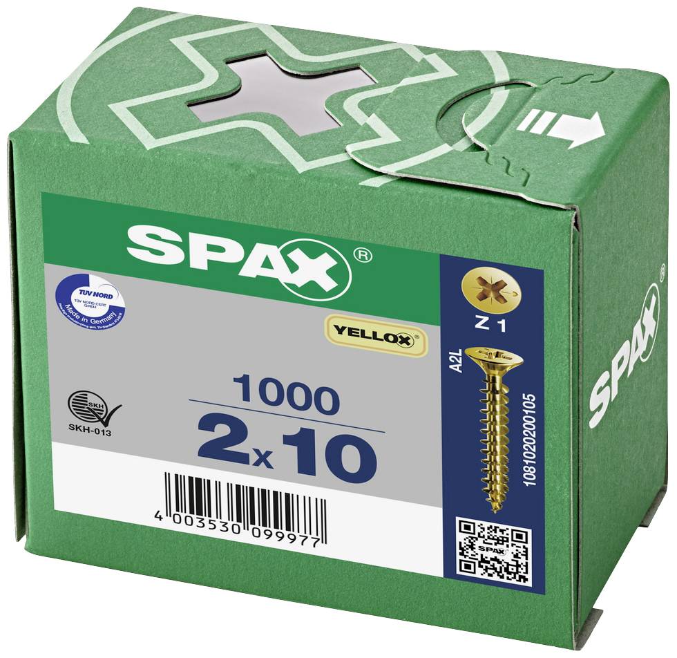 Grüner Karton mit Aufdruck 'SPAX VELUX 1000 2x10', enthält Schrauben. Abbildung zeigt eine goldene Schraube mit Kreuzschlitz.