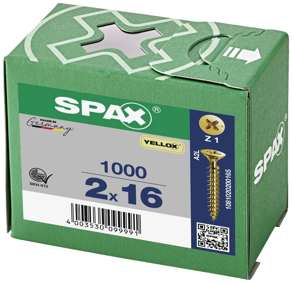 Eine grüne Schachtel SPAX-Schrauben, Größe 2x16 mm, enthält 1000 Stück. 'Made in Germany'. Enthält auch ein QR-Code.