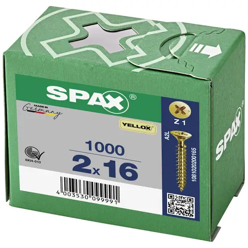 SPAX 1081020200165 Holzschraube 2mm 16mm Kreuzschlitz Pozidriv Stahl YELLOX 1000St. SPAX 1081020200165 Holzschraube 2mm 16mm Kreuzschlitz Pozidriv Stahl YELLOX 1000St.