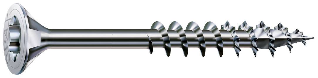 Silberne Schraube mit flachem Kopf und durchgehendem Gewinde.