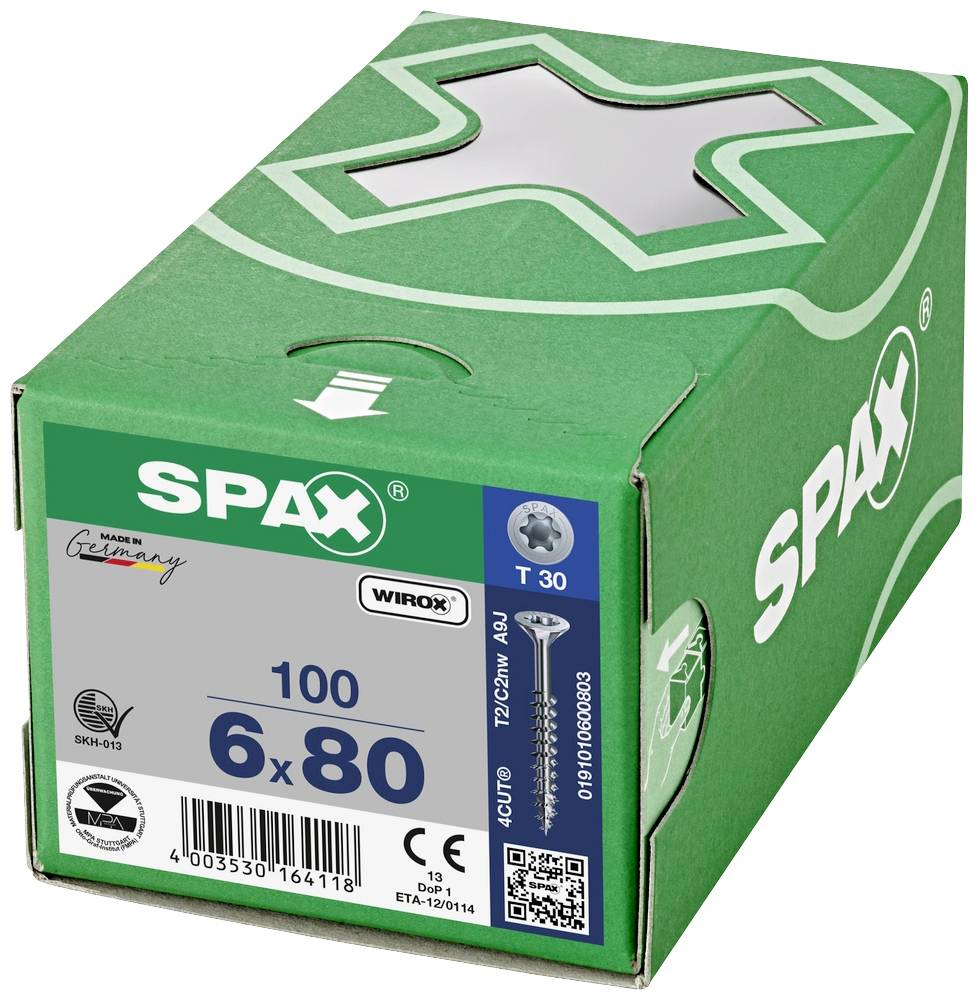 Schraubverpackung von Spax, grün, enthält 100 Stück Größe 6x80 mm. 'Made in Germany' auf der Verpackung.