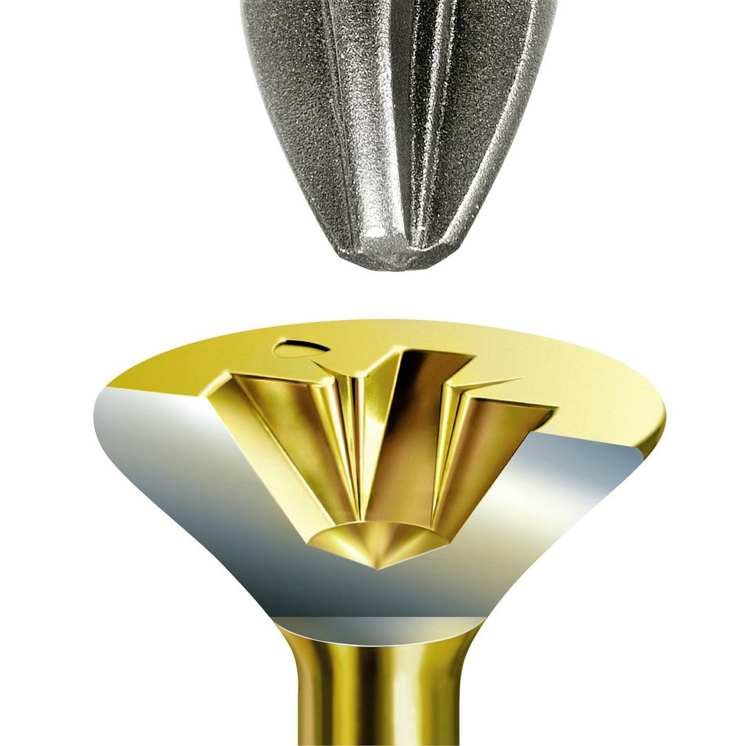 Metallbohrer oben über einer versenkten Schraube. Detaillierte Ansicht der Bohrspitze, die auf das präzise Bohren in Metall hinweist.