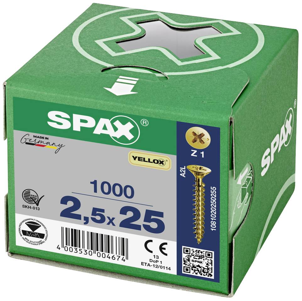 Grüne SPAX-Schachtel mit 1000 Schrauben, Größe 2,5 x 25 mm, Z1-Kopf. Enthält Markenzeichen und Made in Germany-Text.
