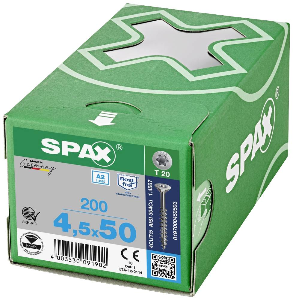 Grüne Verpackung von SPAX-Schrauben, 4,5 x 50 mm, 200 Stück. Enthält rostfreien Stahl, geeignet für den Außenbereich. Made in Germany.