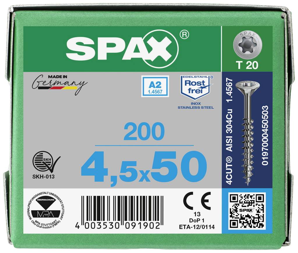 SPAX Schraubenverpackung, 200 Stück, 4,5x50 mm, rostfreier Stahl, T20 Kopf. Made in Germany. QR-Code enthalten.