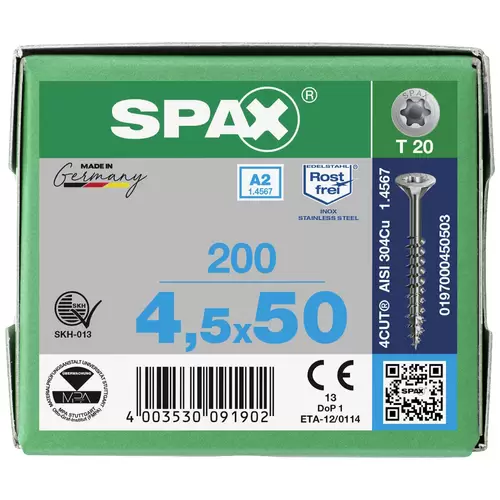 SPAX 197000450503 Holzschraube 4.5mm 50mm T-STAR plus 88091 Edelstahl A2 200St. SPAX 197000450503 Holzschraube 4.5mm 50mm T-STAR plus 88091 Edelstahl A2 200St.