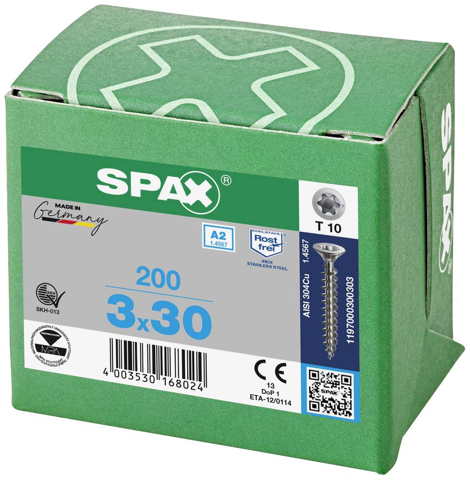 SPAX 1197000300303 Holzschraube 3mm 30mm T-STAR plus 88091 Edelstahl A2 200St.
