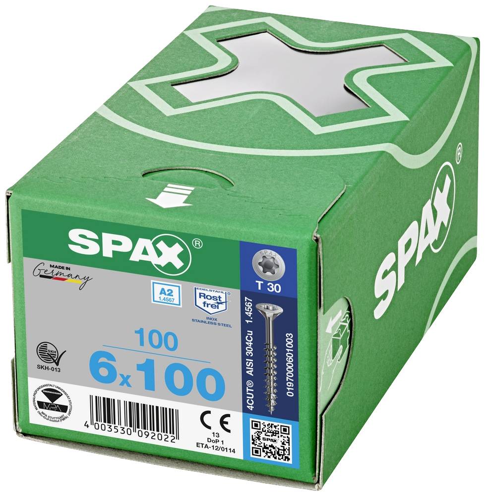 Grüne Box mit Spax-Schrauben, Aufdruck '6x100', 100 Stück, hergestellt in Deutschland. Eignung für Holzverbindungen.