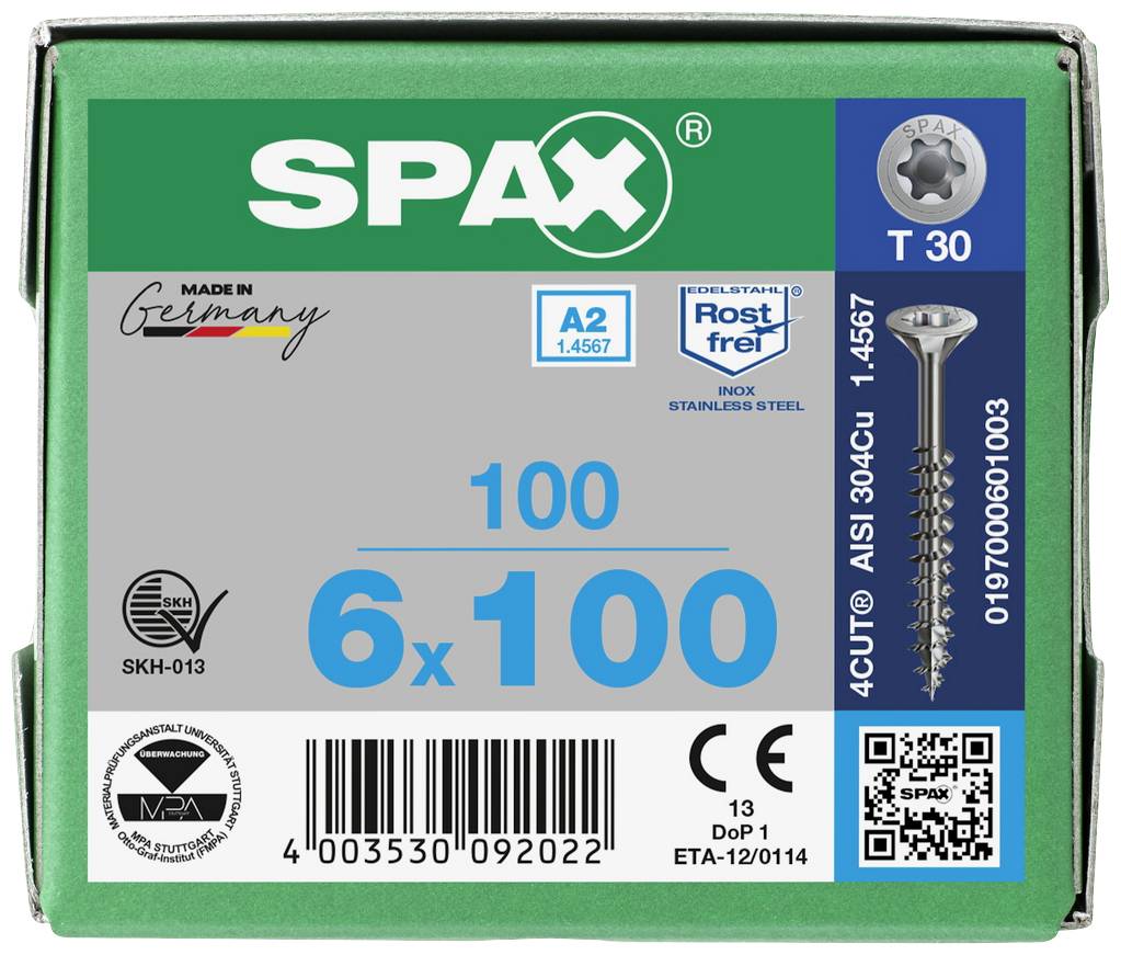 Verpackungsschachtel für SPAX-Schrauben: Größe 6x100 mm, 100 Stück, aus rostfreiem Stahl A2, mit T30-Antrieb und 4CUT-Spitze.