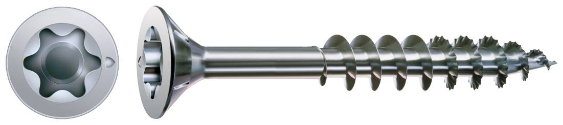 Eine Nahaufnahme einer Metallschraube mit sternförmigem Kopf und spiralförmigem Gewinde. Links ist der Schraubenkopf von oben sichtbar.