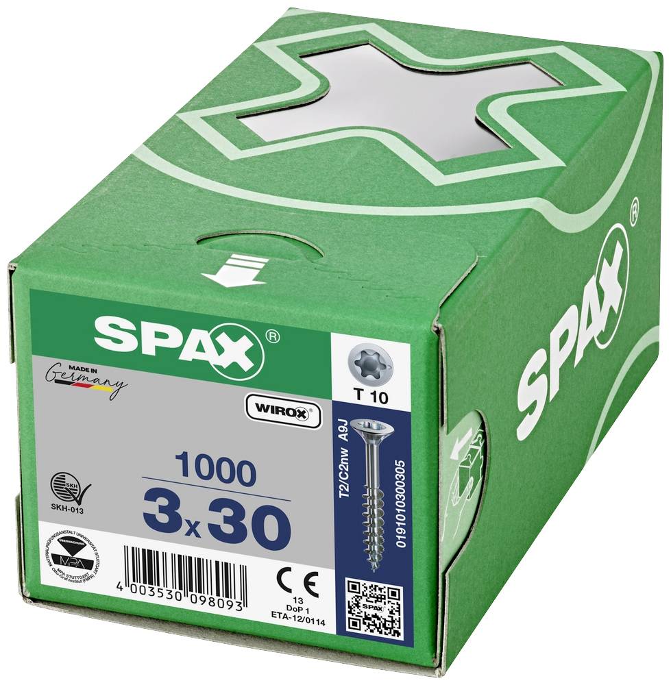 Eine grüne Box mit der Aufschrift 'SPAX', enthält 1000 Schrauben, Größe 3x30 mm, 'Made in Germany'.