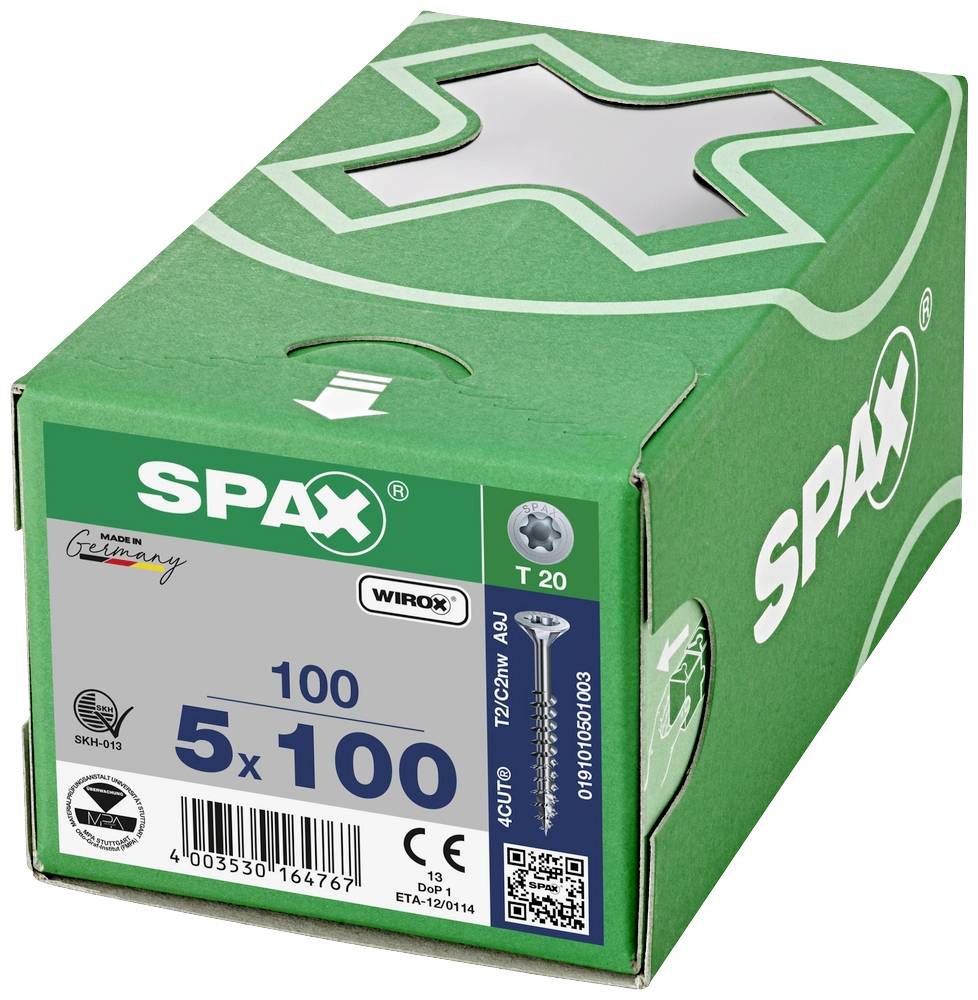 Grüne Verpackung von 100 SPAX-Schrauben, Größe 5 x 100, mit 'Made in Germany' Hinweis, T20 Antrieb und weiteren Spezifikationen.