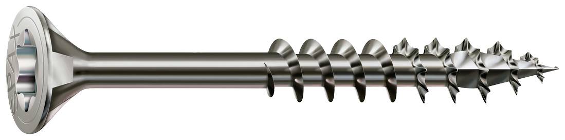 Eine Metallschraube mit Kreuzschlitzkopf und gewundener Gewindestange, liegt horizontal. Sie ist für Holz- oder Metallverbindungen.