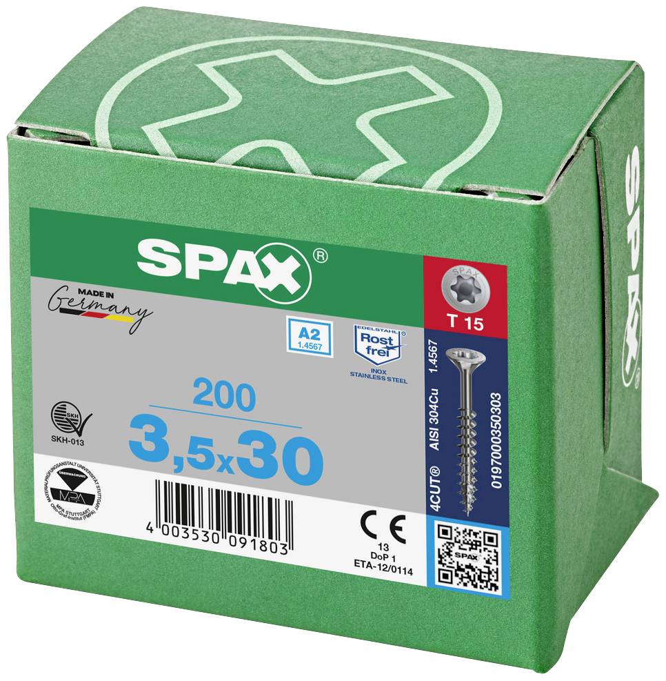 Grüne SPAX-Schraubenbox aus Deutschland, enthält 200 rostfreie Schrauben mit den Maßen 3,5 x 30 mm.