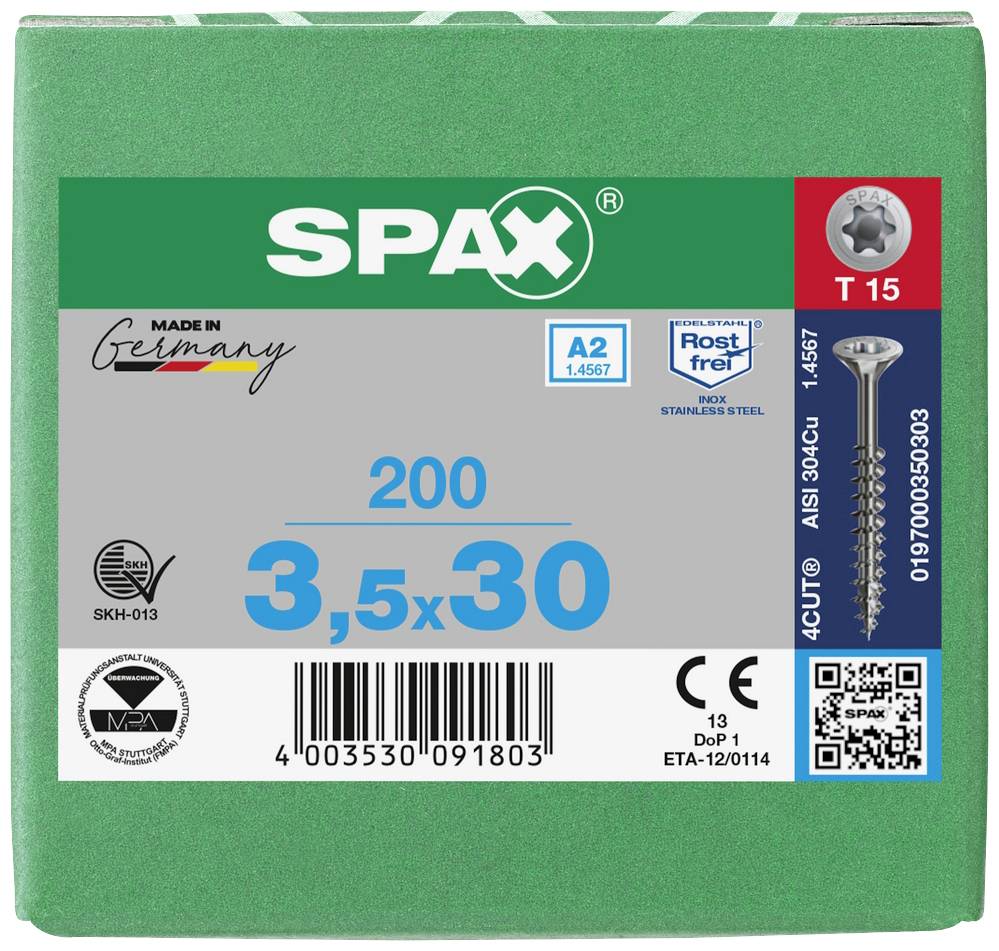 Grüne Verpackung von Spax, enthält 200 Schrauben der Größe 3,5x30 mm, aus rostfreiem Stahl A2, mit T15-Antrieb und 4CUT-Spitze.