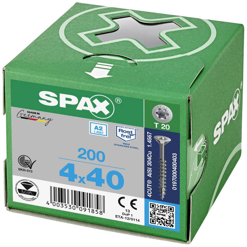 'SPAX' Markenverpackung für 200 Schrauben der Größe 4x40 mm, hergestellt in Deutschland, geeignet für diverse Bauprojekte.