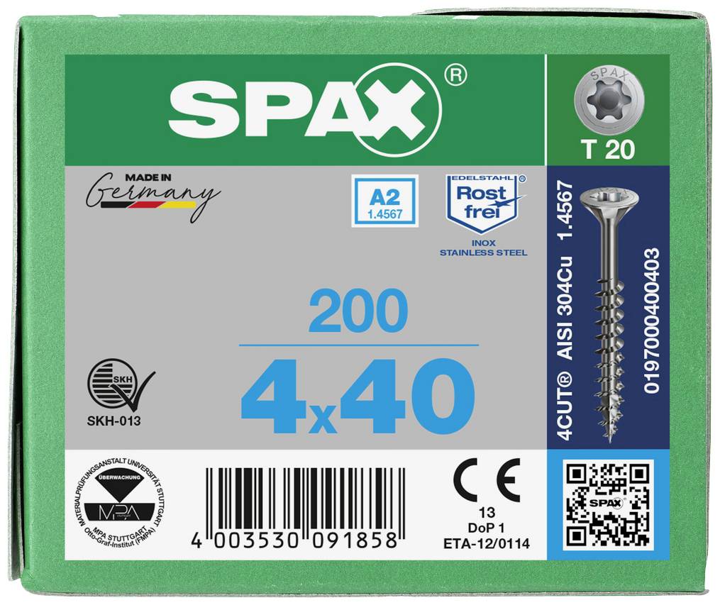 SPAX-Schraubenbox, 200 Stück, Größe 4x40 mm, Edelstahl A2, Rostfrei, mit QR-Code und Seriennummer, für Holzverbindungen geeignet.