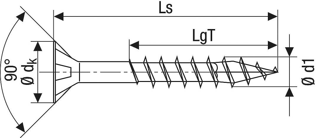 Diagramm eines Senkkopfschraube mit Maßangaben: Kopfwinkel 90°, Gesamtlänge Ls, Gewindelänge LgT, Kopfdurchmesser dk, Gewindedurchmesser d1.