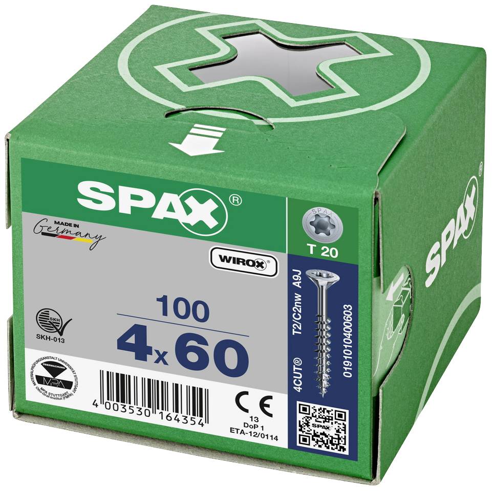 Grüne Verpackung von SPAX-Schrauben, 4x60 mm, 100 Stück, mit Wirox-Beschichtung. Hergestellt in Deutschland.