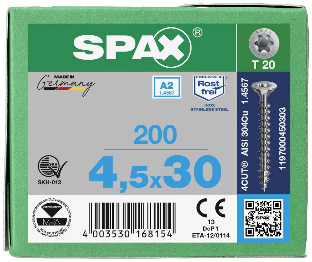 Schachtel SPAX-Schrauben, Inox Edelstahl, A2, rostfrei. Größe: 4,5x30 mm. Menge: 200 Stück. Enthält QR-Code und Prüfzeichen.