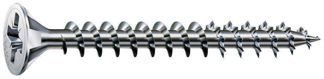 Ein silberner Kreuzschlitzschraube mit flacher Senkkopf, rechtsdrehend, deutliches Gewinde, liegt horizontal auf weißem Hintergrund.