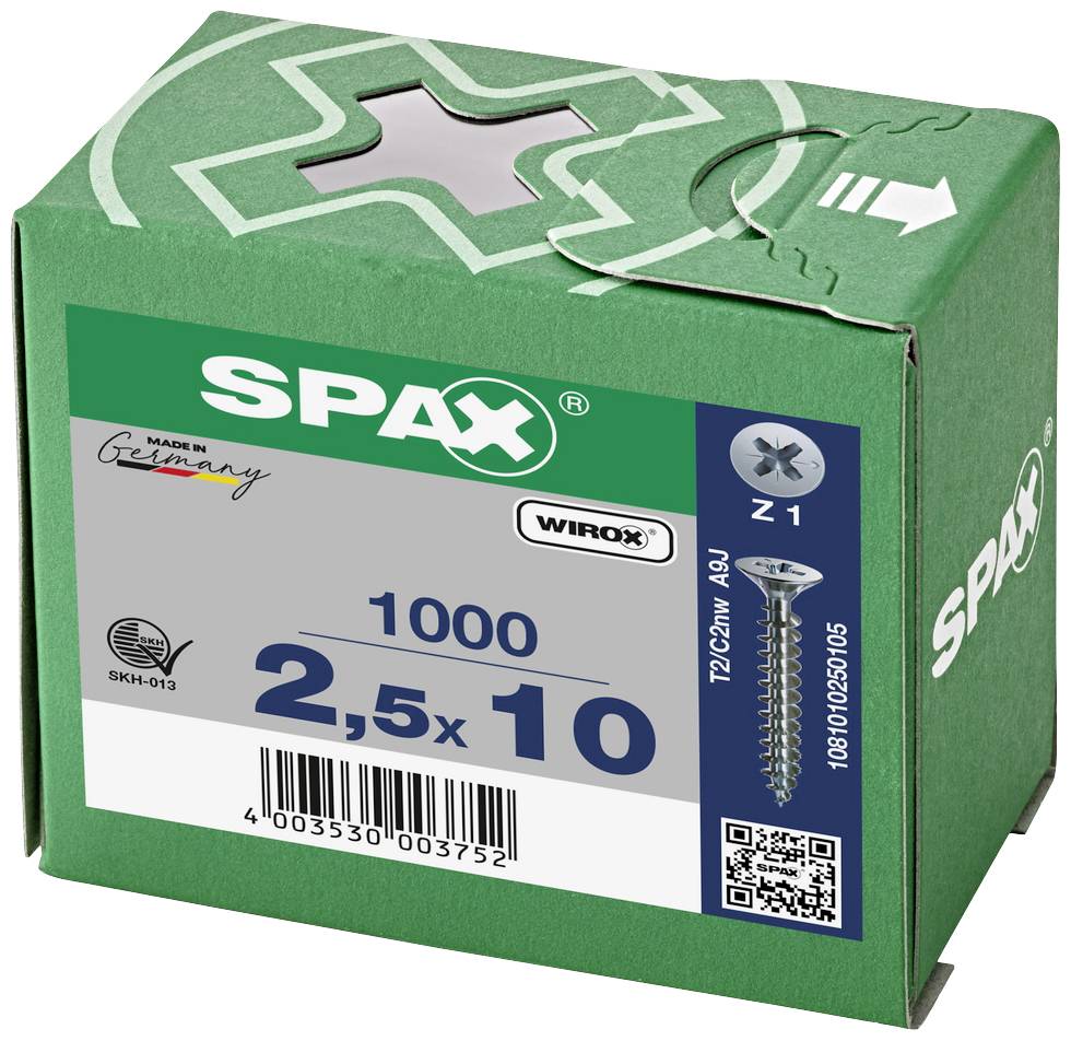 Grüne Verpackung von SPAX mit 1000 Schrauben der Größe 2,5 x 10 mm. Oben ist ein Pluszeichen. 'Made in Germany' und ein QR-Code sind sichtbar.