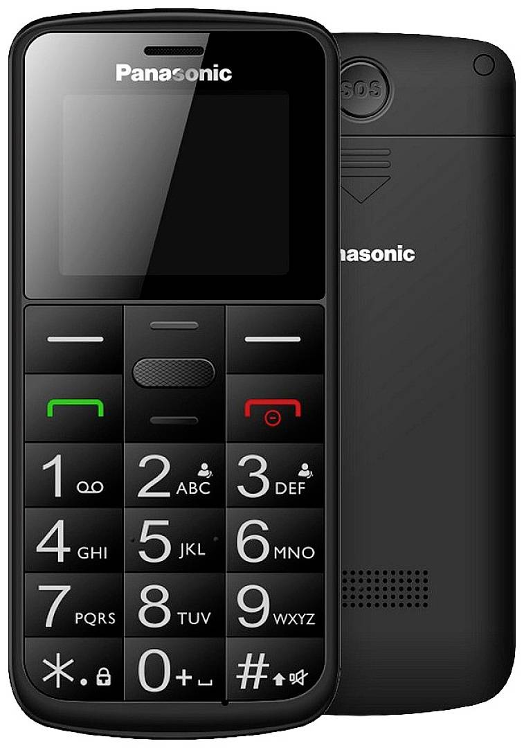 Ein einfaches Mobiltelefon mit großen Tasten, ideal für Senioren. Der Bildschirm ist klein, darüber steht 'Panasonic'.