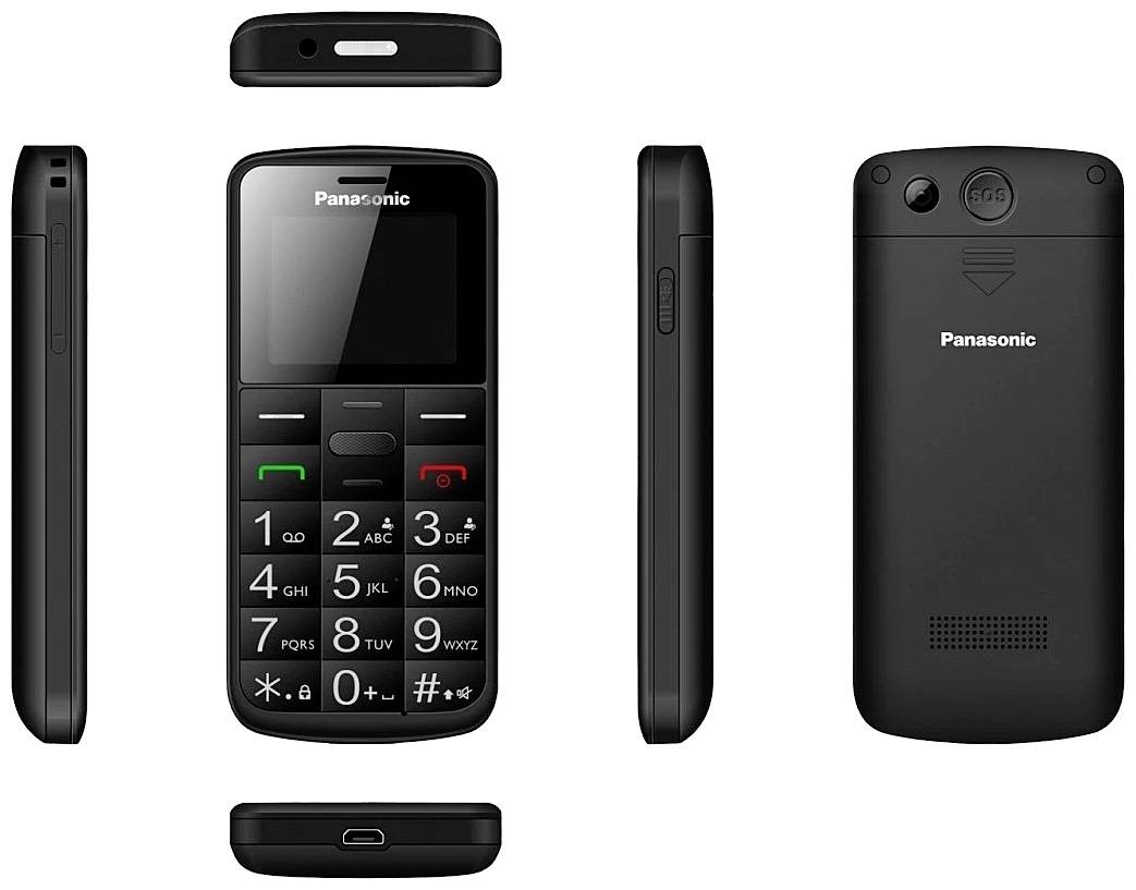 Zeigt ein einfaches Mobiltelefon mit großen Tasten und einem kleinen Display, ideal für Senioren oder Menschen mit Sehschwierigkeiten.