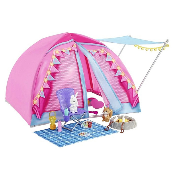 Mattel Barbie Abenteuer zu zweit Camping-Spielset mit Zelt, 2 Barbie-Puppen HGC18