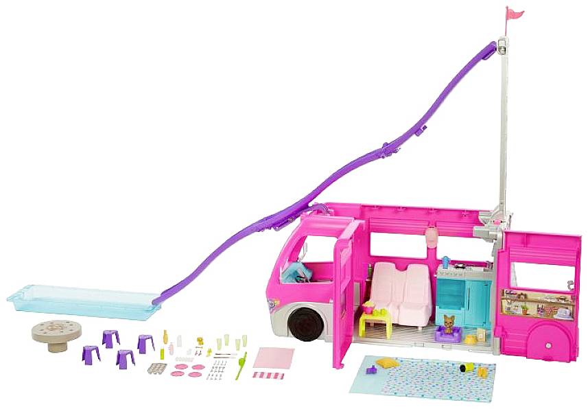 Mattel Barbie Super Abenteuer-Camper Fahrzeug, 76 cm groß mit Pool HCD46