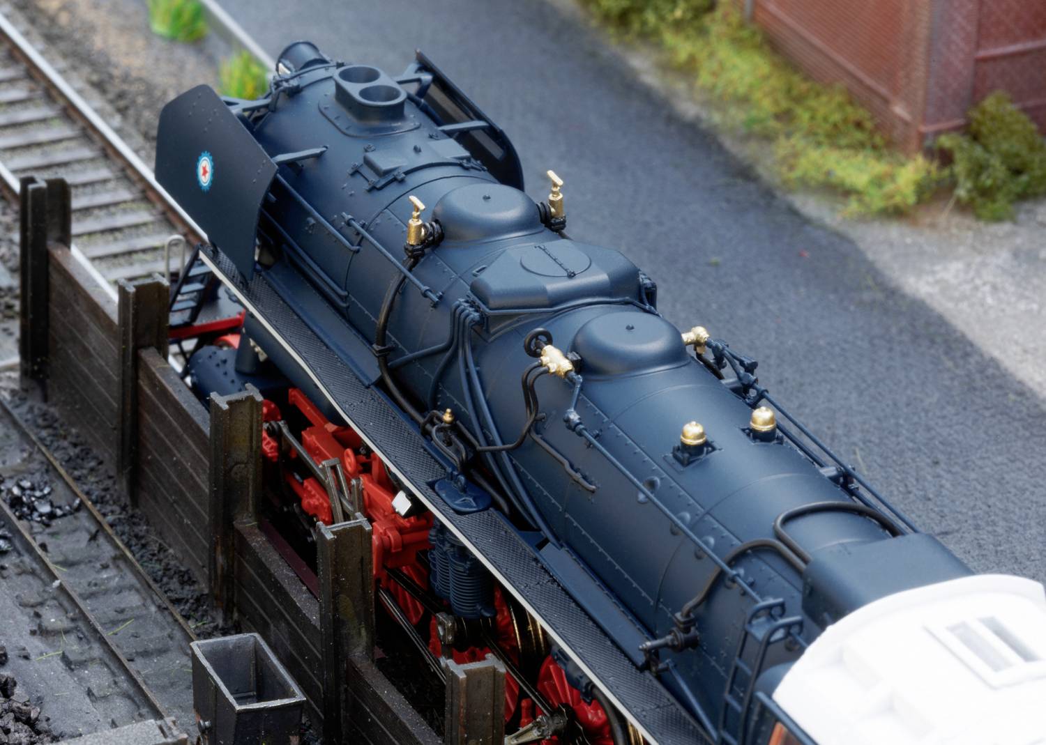 Eine schwarze Modell-Dampflok steht auf den Schienen in einer Miniatur-Landschaft mit Pflanzen und Schuppen im Hintergrund.