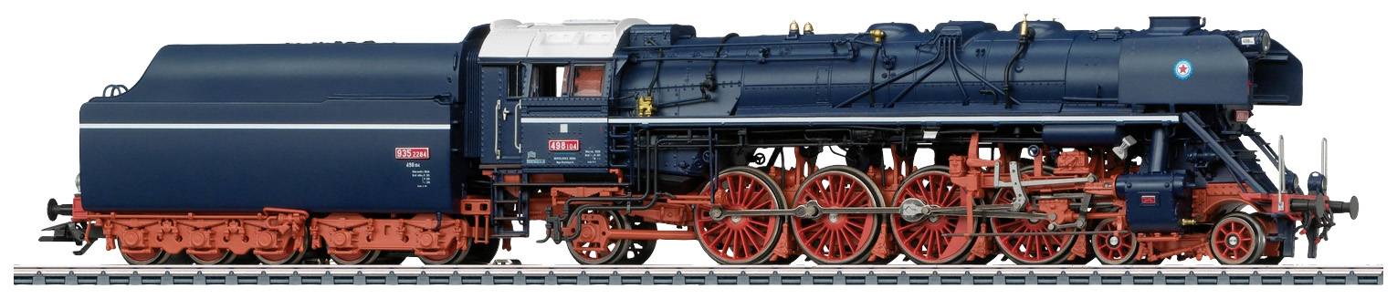Ein detailliertes Modell einer blauen Dampflokomotive mit roten Rädern auf einem Gleis.