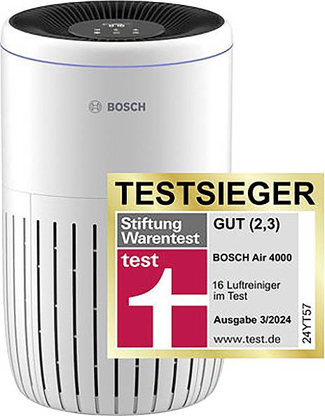 Luftreiniger von Bosch, Modell Air 4000, mit Stiftung Warentest 'Testsieger'-Auszeichnung, Note gut (2,3), Ausgabe 3/2024.