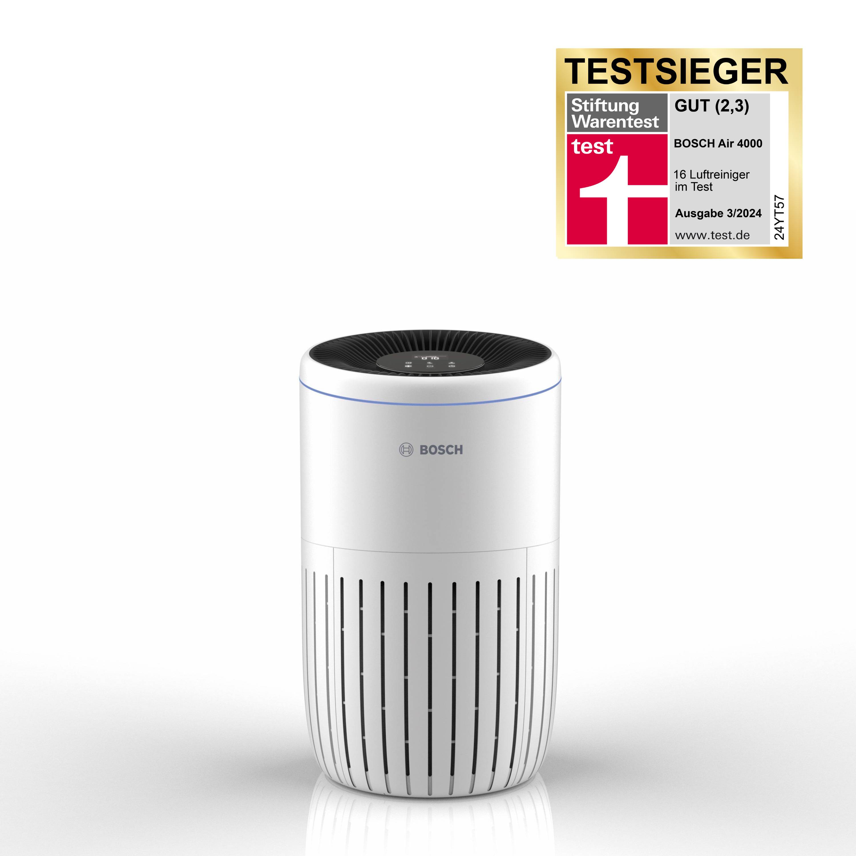 Bosch Air 4000 zylindrischer Luftreiniger auf weißem Hintergrund, mit einem „TESTSIEGER