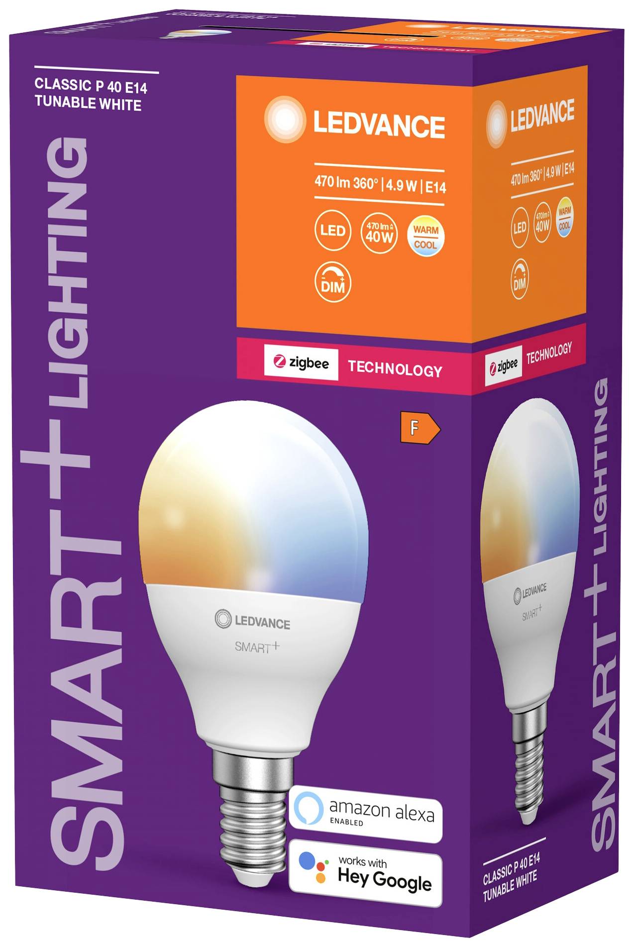 LED-Glühbirne mit 'LEDVANCE' Marke auf Verpackung; 470 lm, dimmbar, kompatibel mit Alexa und Google Assistant, Zigbee-Technologie.