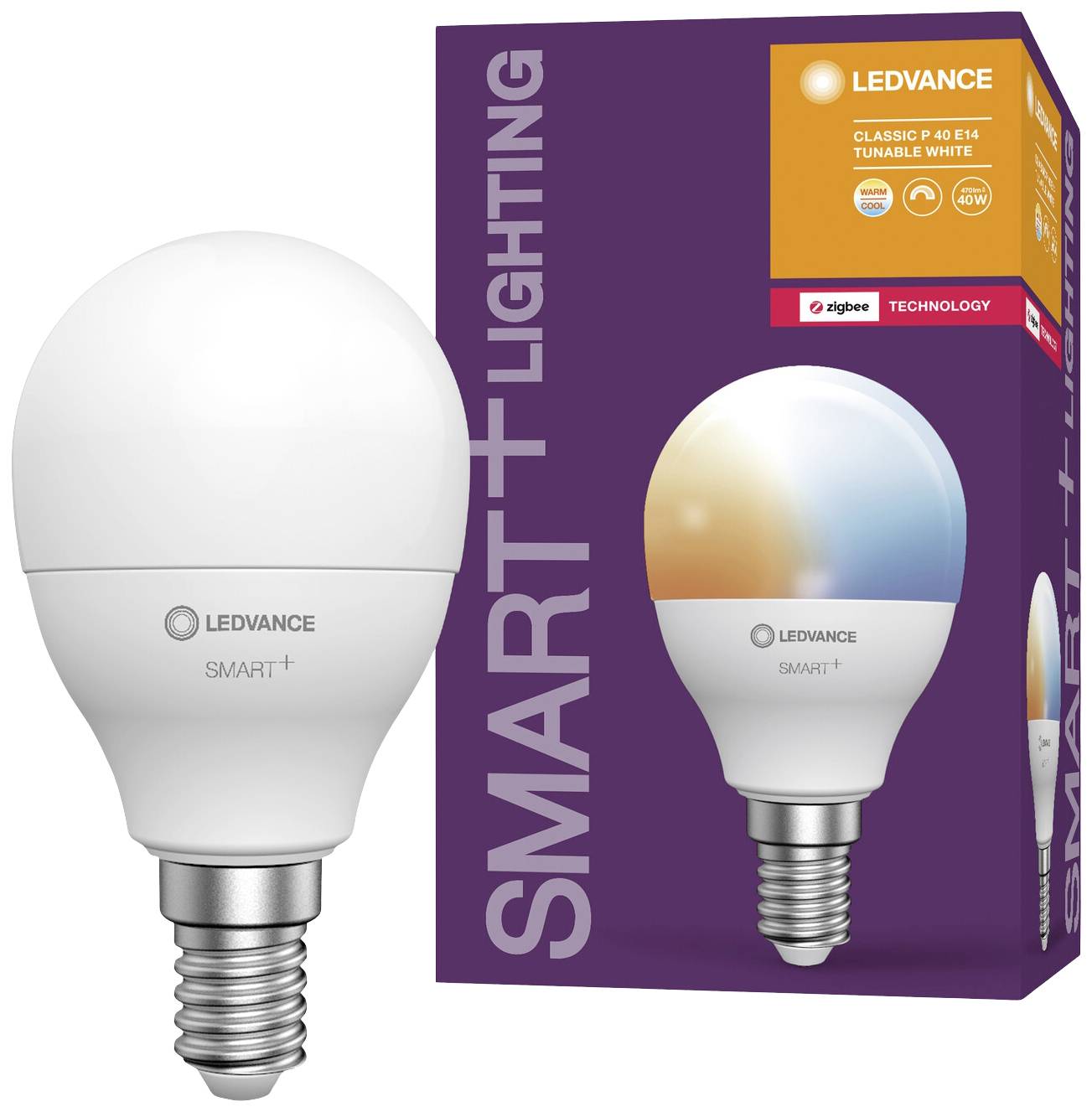 Verpackung einer LEDVANCE Smart+ LED-Glühbirne, E14 Sockel, tunable white, 470 Lumen. Zeigt Farbspektrum von warm- zu kaltweiß.