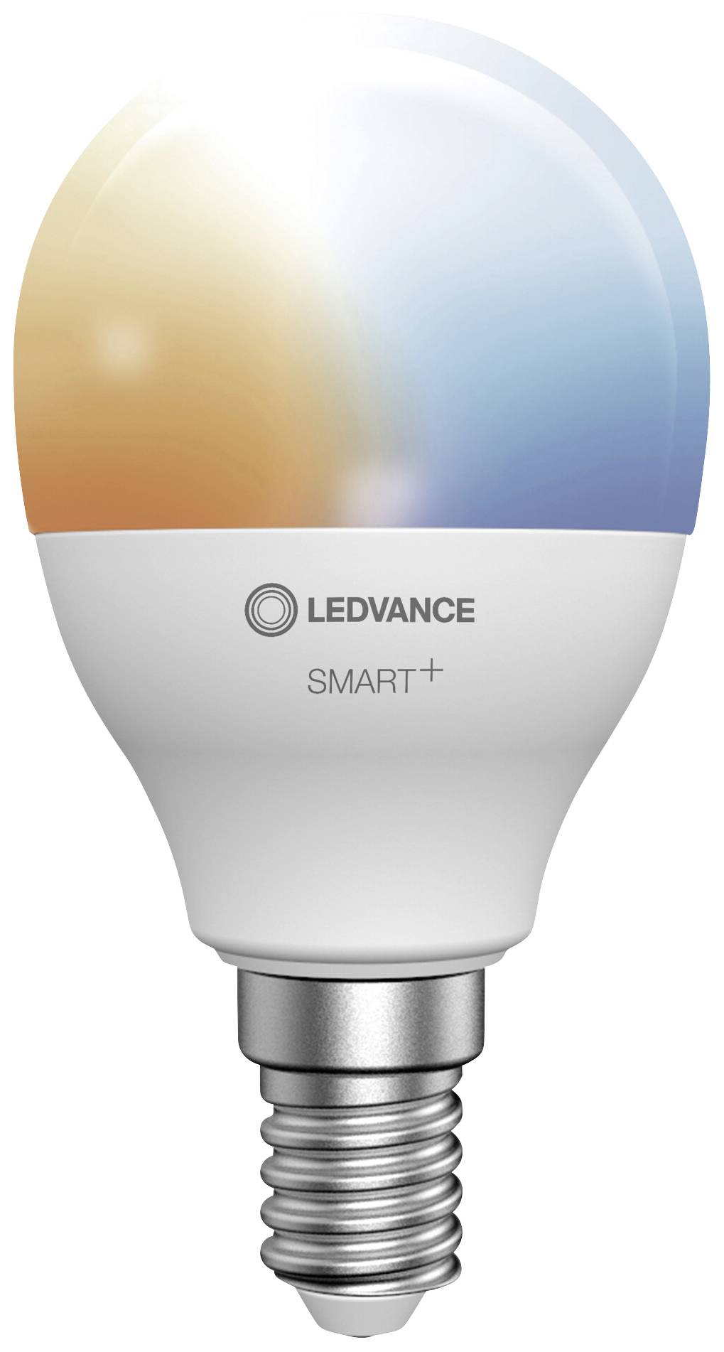 LED-Glühbirne, Markenname in der Mitte. Sie wechselt von warmem zu kühlem Licht. Geeignet für smartes Wohnen mit App-Steuerung.
