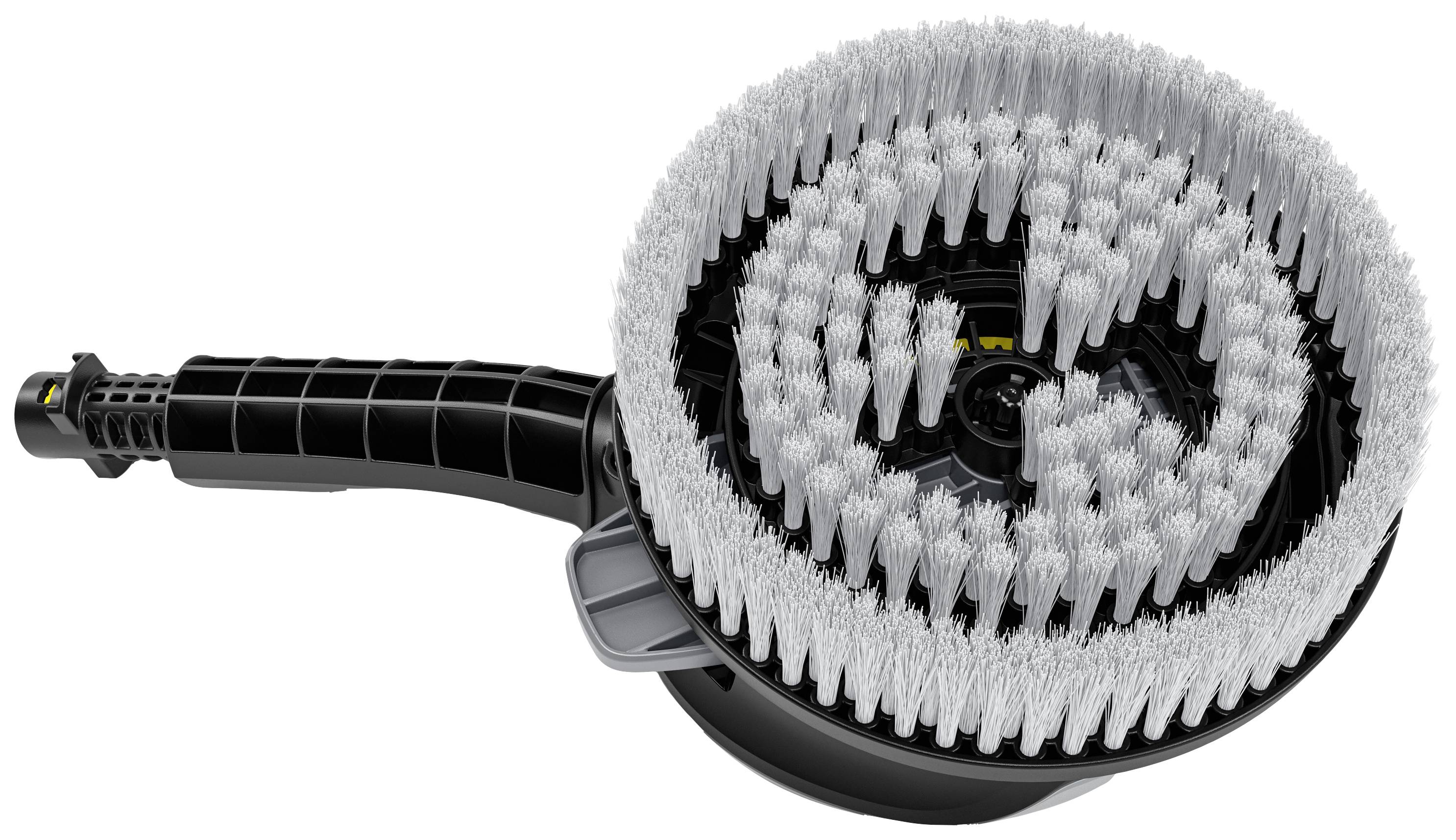 Eine runde Reinigungsbürste mit langen, weißen Borsten, befestigt an einem schwarzen Haltegriff. Geeignet für die Reinigung größerer Flächen.