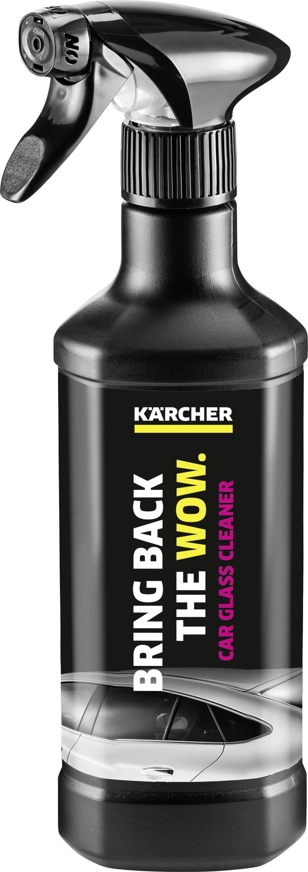 Eine schwarze Flasche mit Sprühkopf, etikettiert mit 'Kärcher' und 'Bring Back the Wow. Car Glass Cleaner', zeigt ein Auto unten.