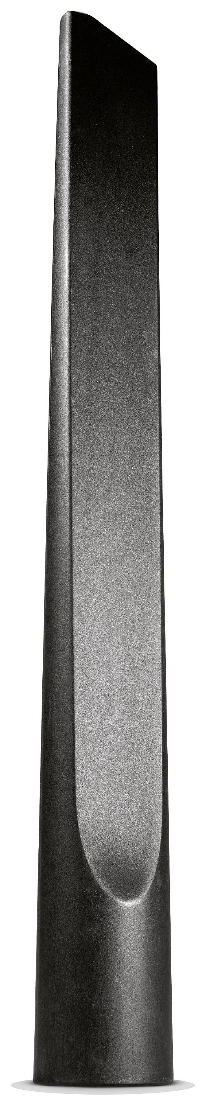 Schwarzes, schlankes, hohes Lautsprechergehäuse mit glatter Oberfläche, steht aufrecht.