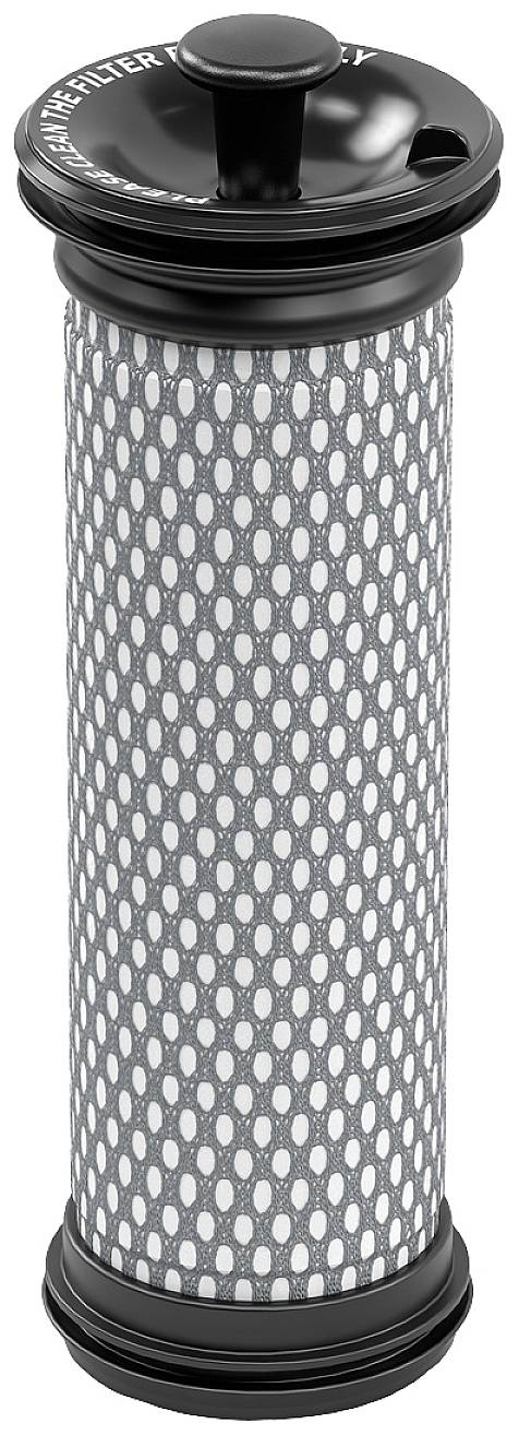 Wasserfilterkartusche in zylindrischer Form mit schwarzem Gehäuse und gemustertem Netz auf der Oberfläche.