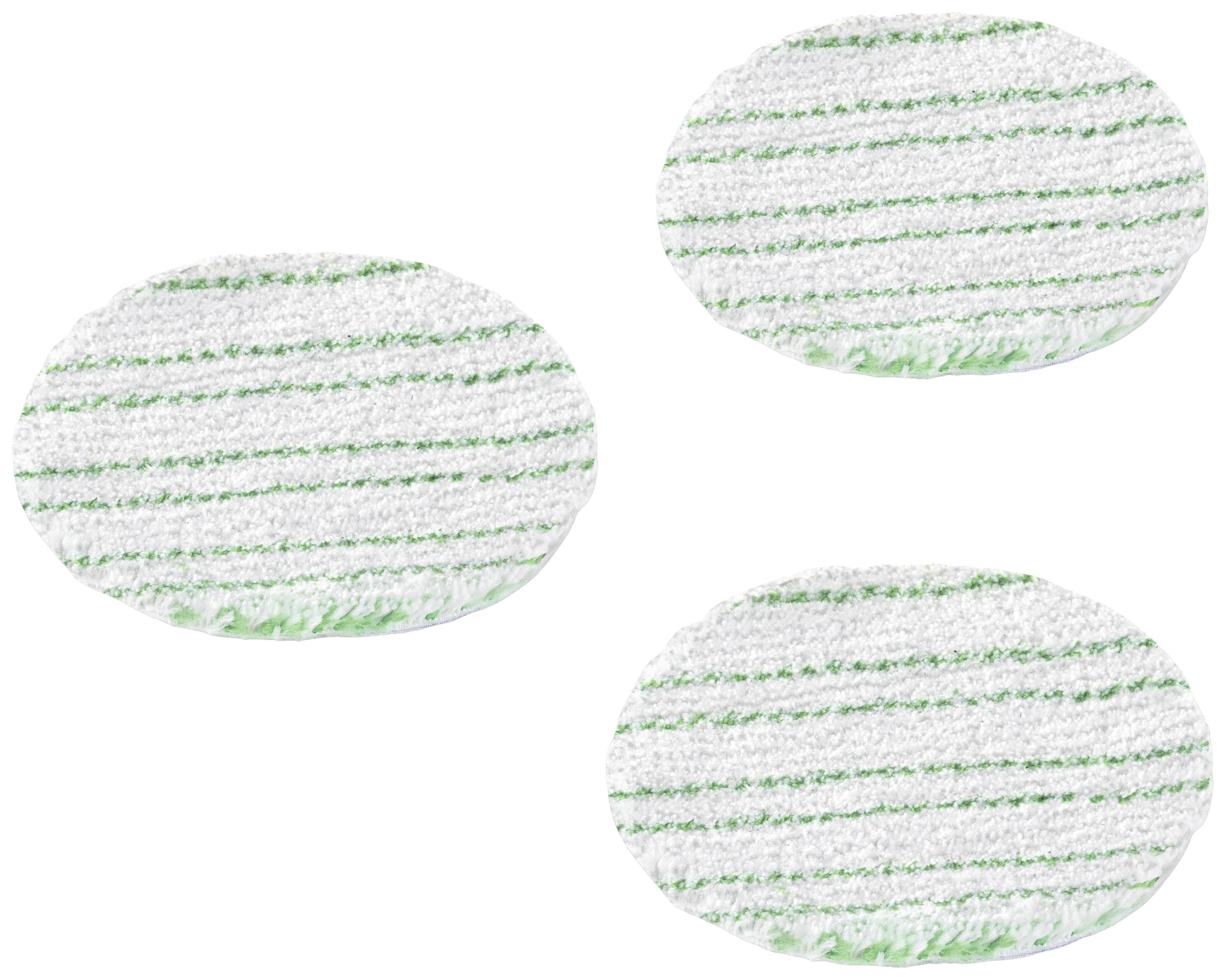 Drei runde, gestreifte Reinigungs-Schrubbpads mit weiß-grünem Muster auf weißem Hintergrund.
