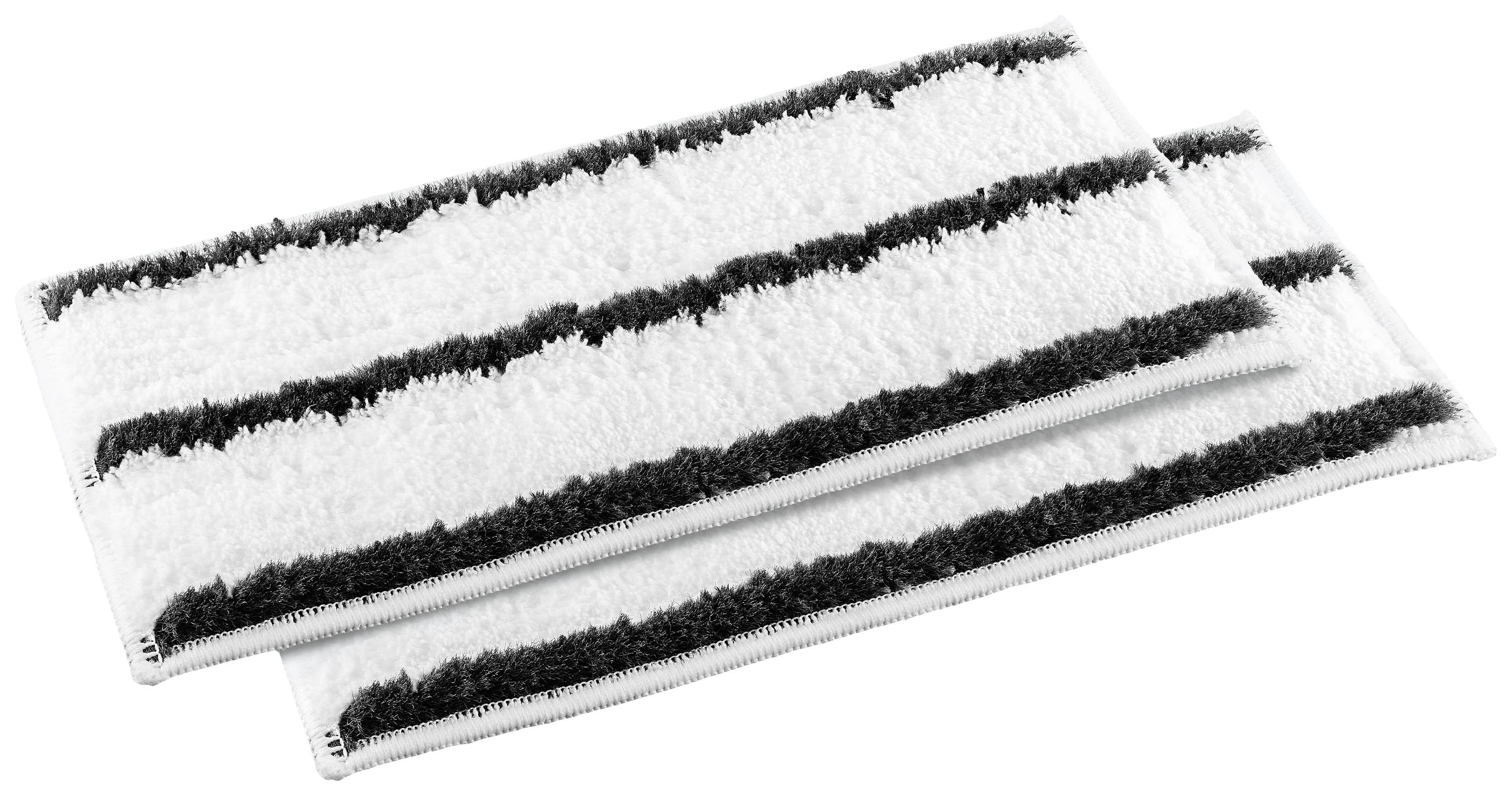 Zwei weiße Reinigungspads mit schwarzen Streifen, nebeneinander liegend.