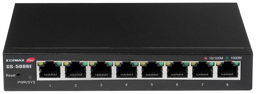 Ein schwarzer Ethernet-Switch mit acht RJ-45-Ports. Lichter zeigen den Netzwerkstatus: 100M, 1000M. Marke 'Edimax Pro'.