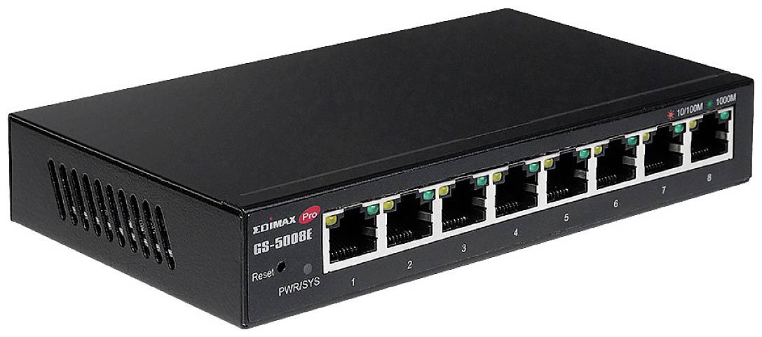 Ein schwarzer Netzwerk-Switch mit acht Ethernet-Ports, Modellnummer GS-5008E, geeignet für IT-Infrastrukturen und Netzwerkerweiterungen.