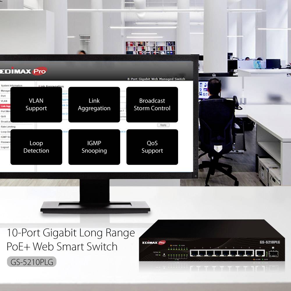 Ein Computerbildschirm zeigt eine Verwaltungssoftware für einen 8-Port Gigabit Web Managed Switch. Funktionen: VLAN, QoS, Loop Detection.