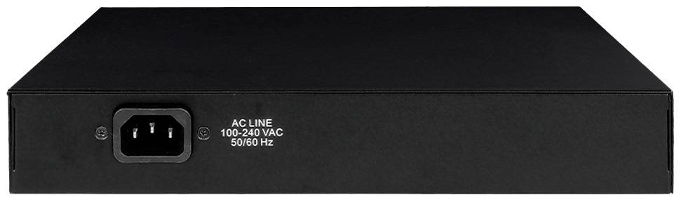 Schwarzes Elektronikgerät mit Stromanschluss und Aufschrift 'AC LINE 100-240 VAC 50/60 Hz' auf der Rückseite.