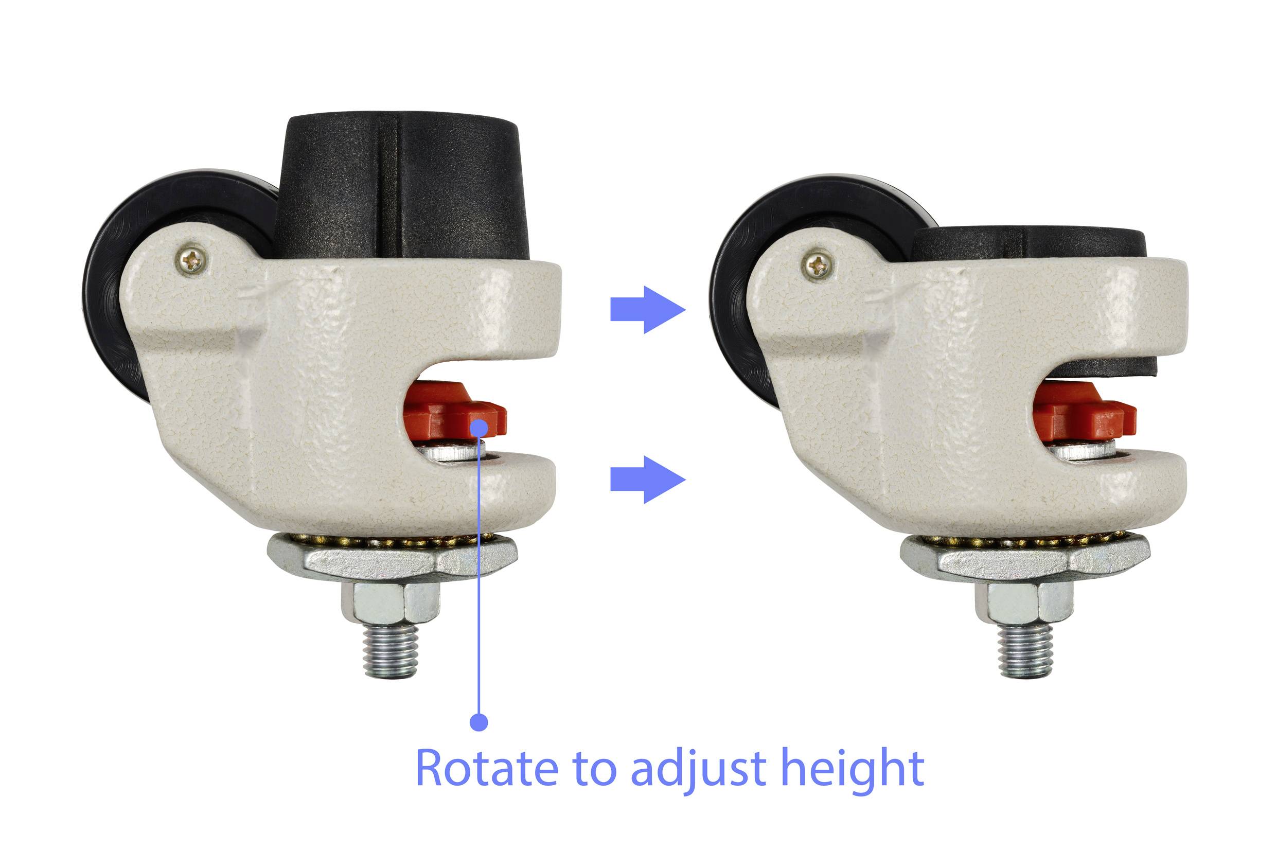 Zwei höhenverstellbare Füße mit Markierungen zum Drehen für Höhenanpassung, gezeigt in zwei Positionen: hoher und niedriger Stand.
