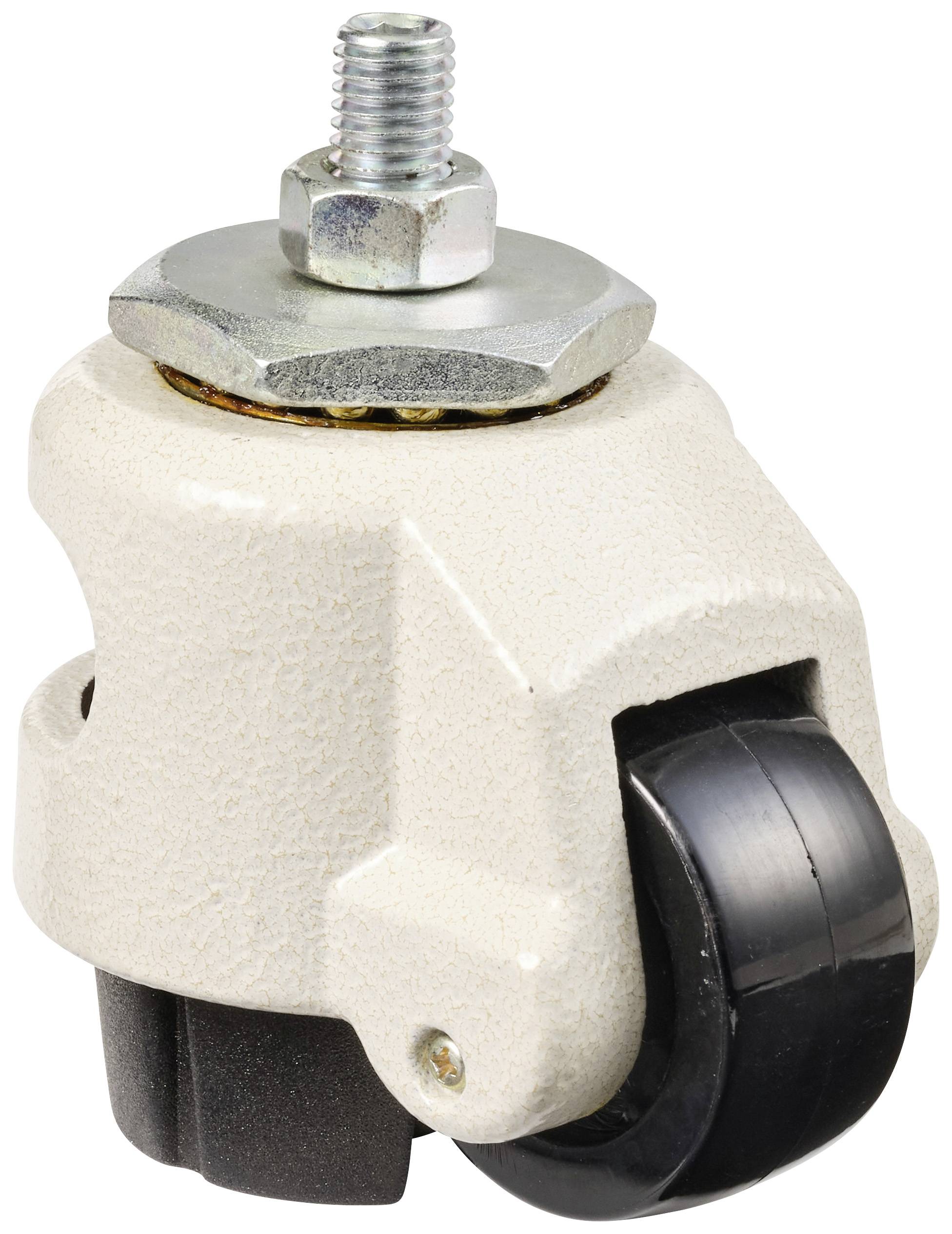 Rolle mit Befestigungselement. Kunststoffgehäuse in Beige, schwarzes Rad. Geeignet für Möbel oder Transportwagen.