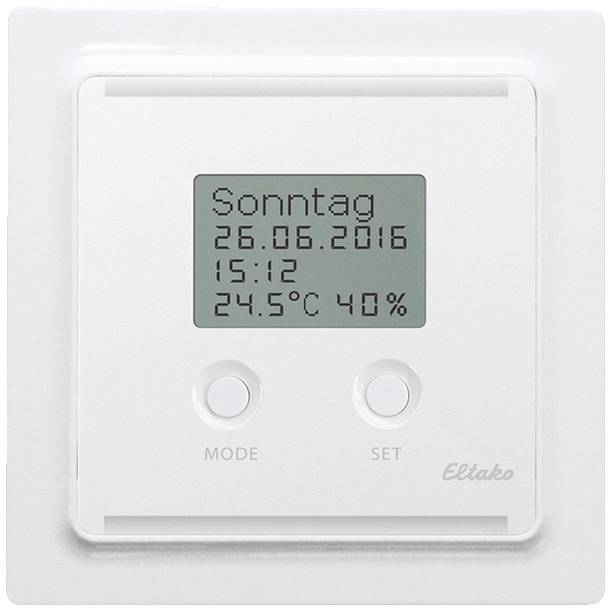 Thermostat-Display zeigt: 'Sonntag, 26.06.2016, 15:12, 24.5°C, 40%'. Knöpfe mit 'Mode' und 'Set' sichtbar. Marke: Eltako.